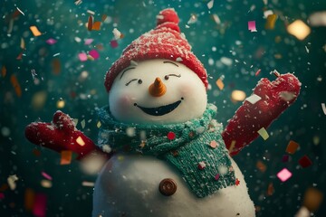Fototapeta premium happy snowman with a green scarf and red hat, with confetti flying around, on a dark emerald background