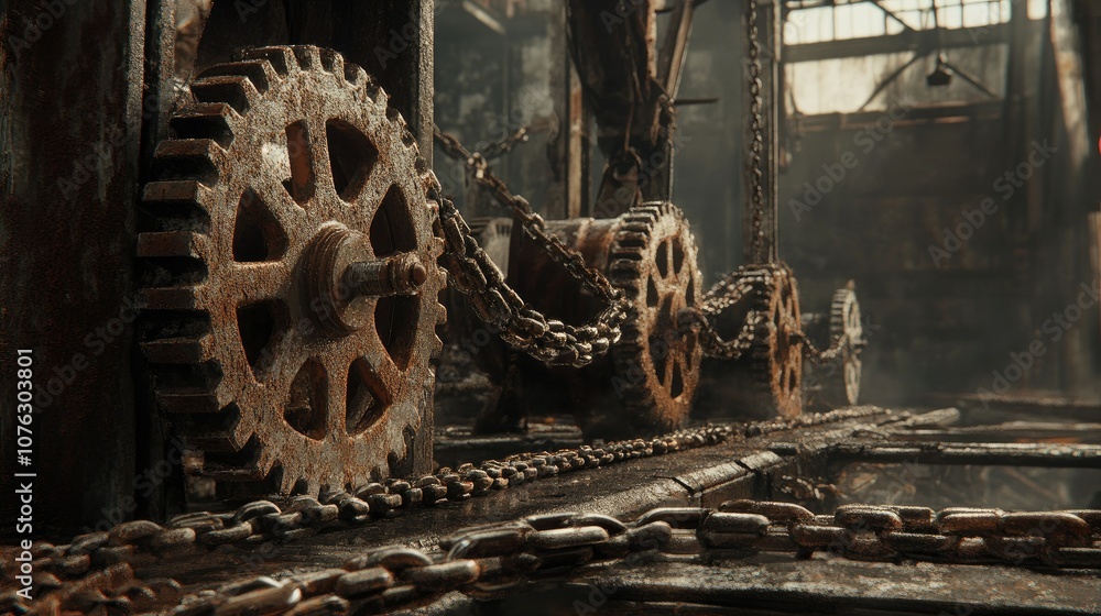 Poster rusty gears and chains in an abandoned industrial setting with dramatic lighting and atmospheric per