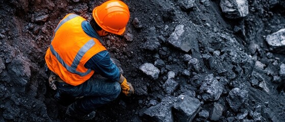 A construction worker in safety gear carefully inspects coal in a mining site, highlighting the importance of safety in the industry.