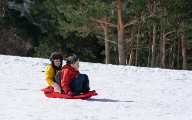 Two children sledding together down a snowy slope in the forest