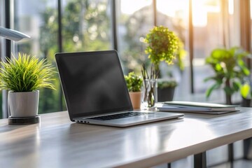 Fototapeta premium Minimalist Workspace with Laptop, Plants and Sunlight