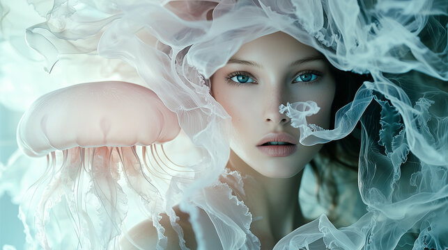 a close-up portrait of a woman with wet hair, surrounded by glowing jellyfish