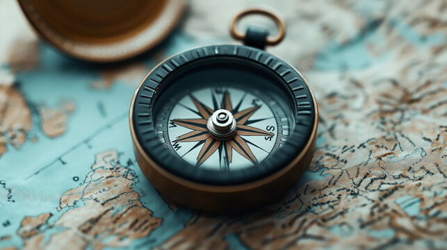 Close-up of a vintage compass lying on a detailed map, highlighting navigation and exploration concepts.