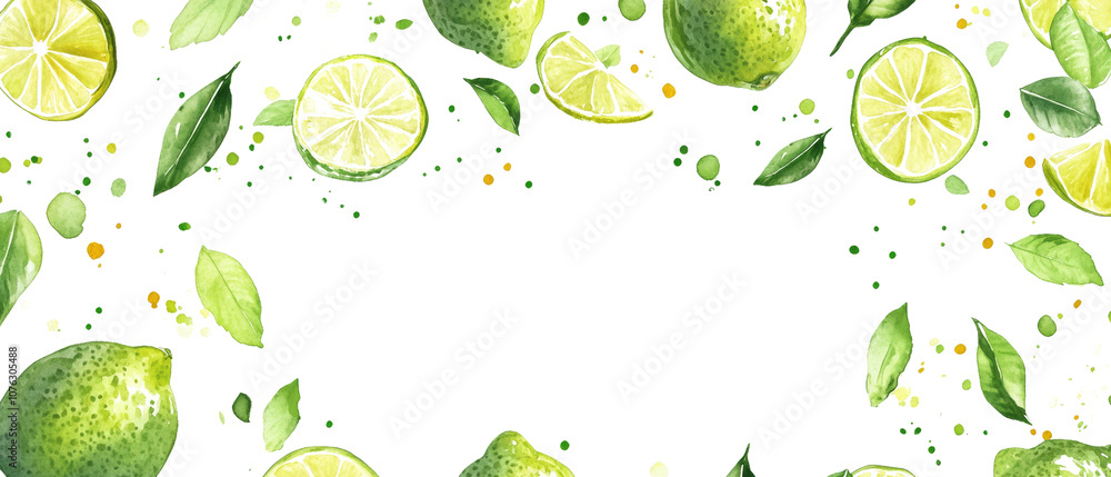 Poster 3d fresh lime set with leaves. isolated