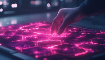 A glowing, interactive hexagonal interface with a hand hovering above, emitting bright pink light, suggesting advanced technology and digital engagement.