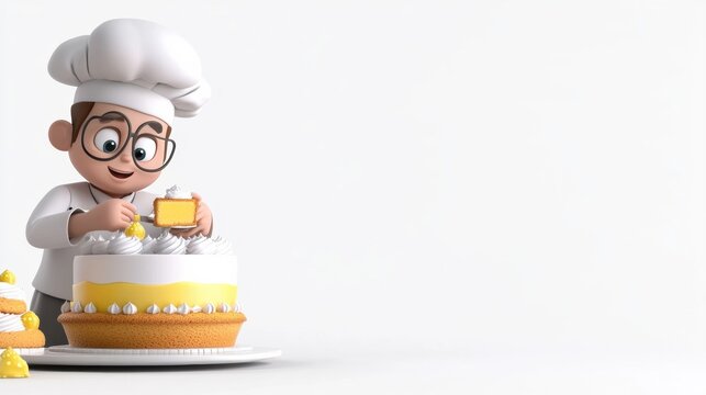 Cute cartoon chef decorating a delicious cake