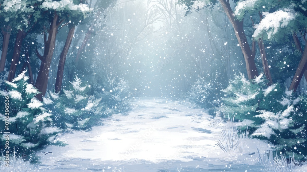 Poster serene winter forest with gentle snowfall and soft light filtering through evergreen trees, creating