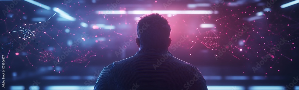 Poster a silhouetted figure stands against a backdrop of vibrant light, suggesting a futuristic or digital 