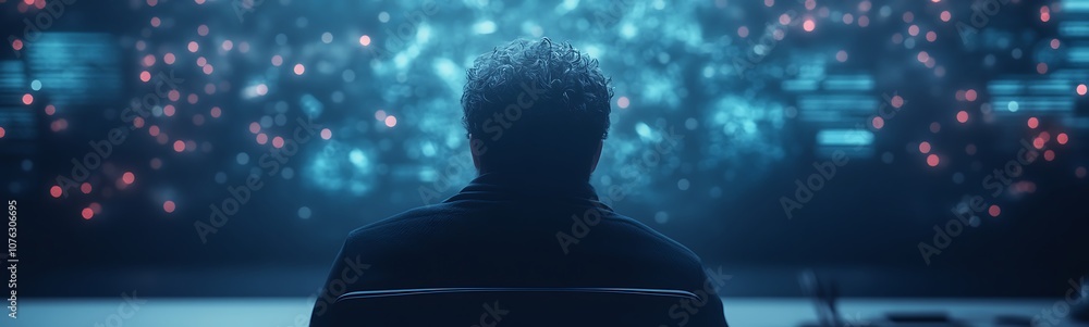 Poster A person sits in front of a glowing interface filled with data and visuals, suggesting immersion in a high-tech environment.