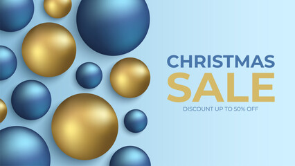 Christmas Sale. Festive commercial background for shopping activities and holiday sales promotion. Gold and blue colored Christmas balls. Vector illustration.