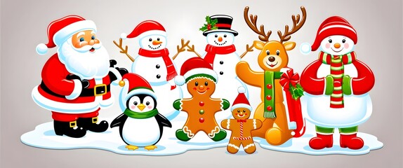 Cheerful Christmas Characters Celebrating the Holiday Season with Santa, Snowmen, Reindeer, Penguins, and Festive Treats in a Whimsical Winter Scene