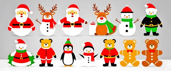 Colorful and Playful Christmas Characters Collection Featuring Santa, Snowmen, Penguins, Bears, and Reindeers in Festive Attire for Holiday Celebrations and Decorations