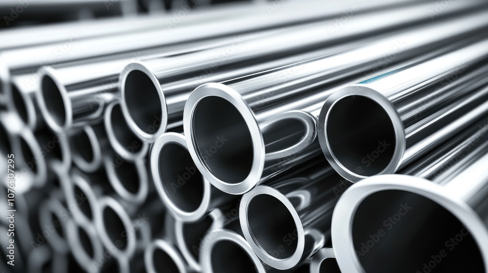 Poster close-up view of polished metal pipes with reflective surfaces arranged in a dynamic formation captu