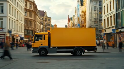 A yellow delivery truck drives through a busy city street with people walking in the background.