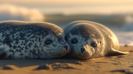 Obraz premium Adorable Seal Pups Cuddling on Beach at Sunset – Heartwarming Wildlife Moment by the Shore