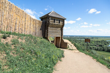 The tower of an ancient Bulgarian fortress on a high cliff on the banks of the Kama River, Elabuga,...