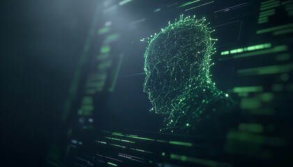 A digital silhouette composed of luminous green particles against a dark background, suggesting themes of technology and artificial intelligence.