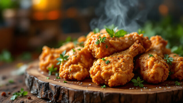 A mouth-watering display of crispy fried chicken pieces garnished with herbs on a wooden board evokes a sense of comfort food and homeliness for food.