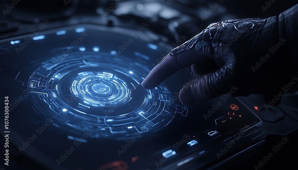 Aufkleber a futuristic interface displays vibrant data, with a gloved hand poised to interact, suggesting adva
