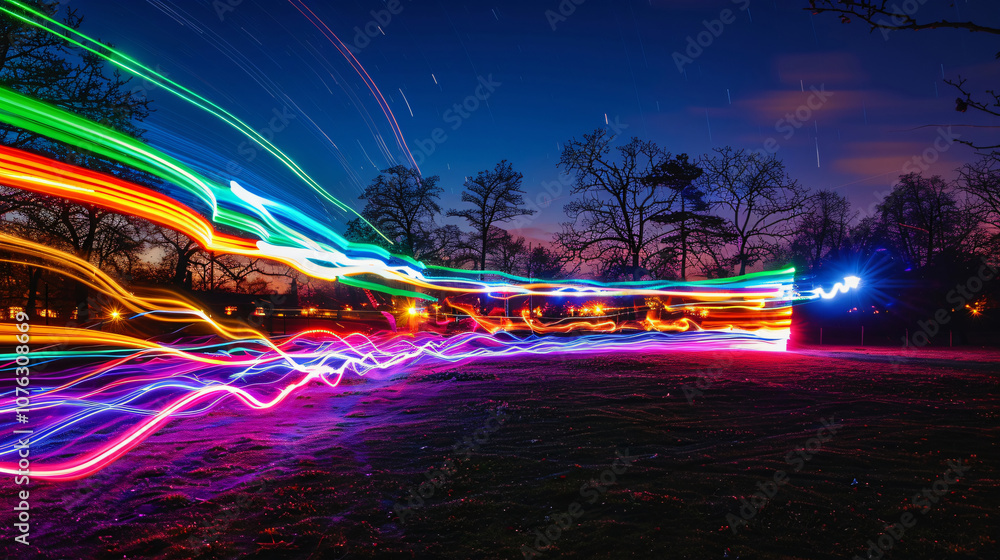 Poster an artistic scene showcases vibrant light trails weaving through a tranquil landscape at dusk, creat