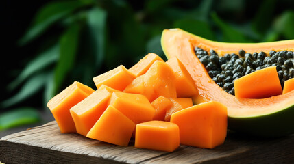 Close-up of fresh papaya with orange diced pieces and a halved papaya showing black seeds on a wooden surface, emphasized by a green leafy background.
