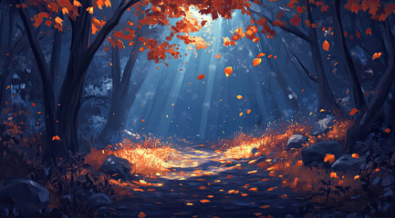 Naklejka premium Mystical Forest in Digital Art Style with an Autumn Trail of Leaves