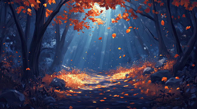 Mystical Forest in Digital Art Style with an Autumn Trail of Leaves