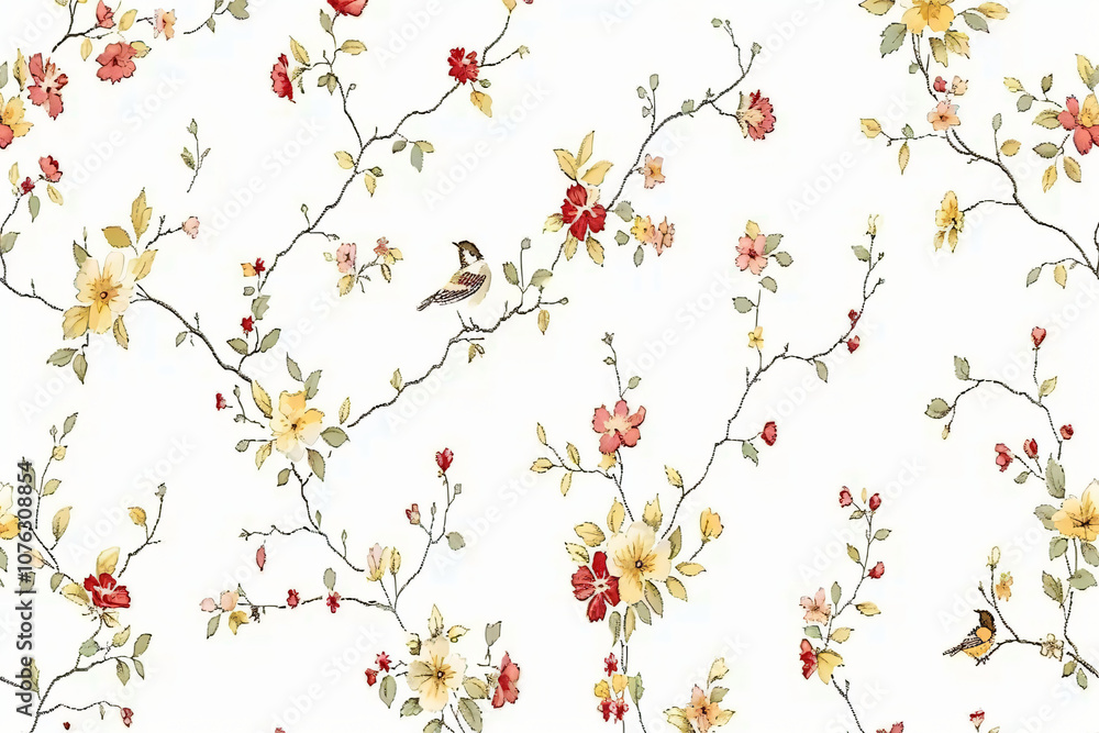 Aufkleber a floral pattern features delicate branches adorned with colorful flowers and birds against a white 