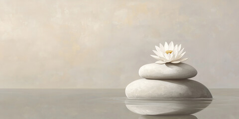 Tranquil scene of a white lotus flower delicately placed on smooth zen stones, minimalist concept of balance and harmony in nature