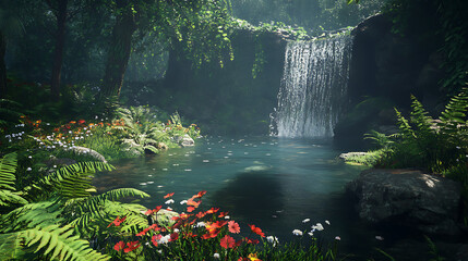 A small, secret waterfall flowing into a tranquil pool, surrounded by ferns and wildflowers in a remote part of the forest 
