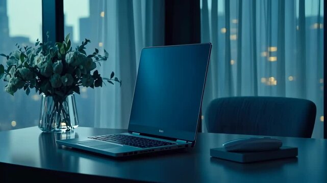 A laptop sits open on a desk in a dimly lit room, with a vase of flowers and a phone on a stand nearby