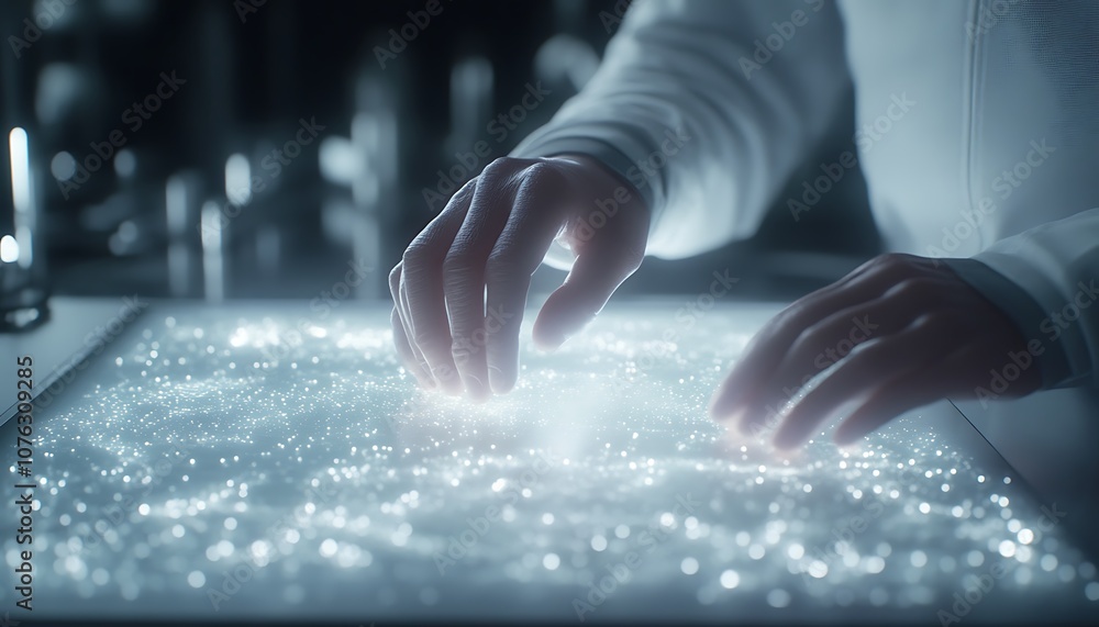 Poster the image features hands interacting with a luminous surface filled with sparkling particles, evokin
