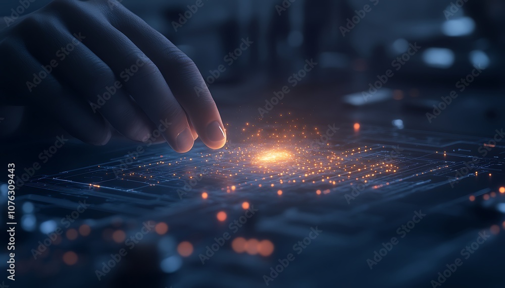 Poster a hand reaches toward a glowing circuit board, symbolizing technology and innovation in a sleek, fut