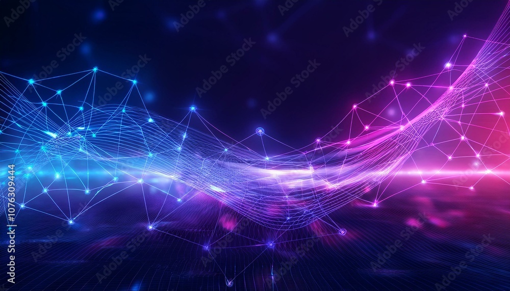Poster an abstract background showcasing dynamic network connection with neon blue and purple