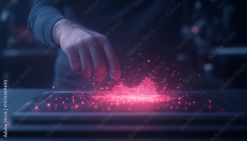 Poster A hand interacts with a glowing, dynamic display emitting red particles, creating a futuristic and immersive digital experience.