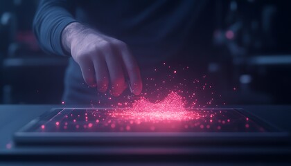 A hand interacts with a glowing, dynamic display emitting red particles, creating a futuristic and immersive digital experience.