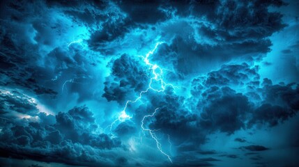 Lightning strikes illuminate a turbulent blue sky background