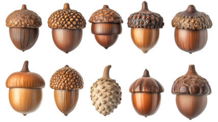 Set of brown acorns with caps isolated on transparent background