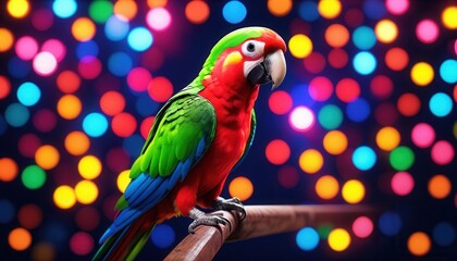green parrot against a background of colorful lights