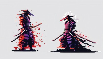 drawn pixel samurai on white background