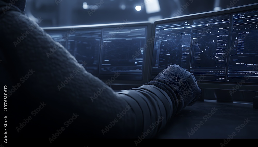 Poster A person in a futuristic setting interacts with high-tech screens displaying complex data in a dimly lit environment.