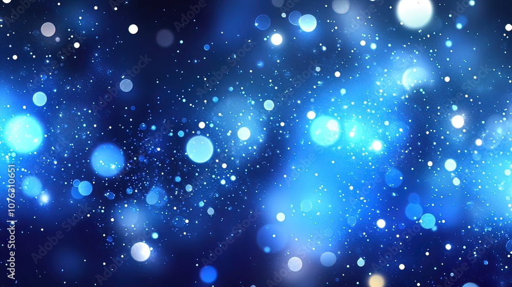 Poster abstract blue background with bokeh lights and sparkles.