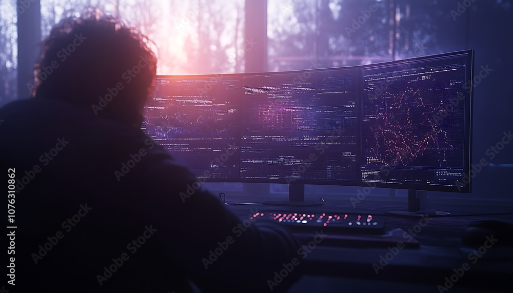 Poster a person is seated in front of a large, glowing monitor amidst a dimly lit, atmospheric environment,