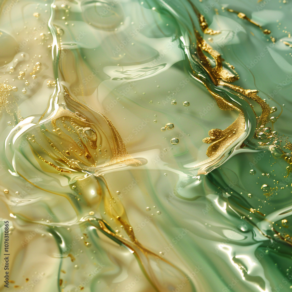 Poster an artistic representation of fluid textures in green and gold tones, showcasing layers of glossy li