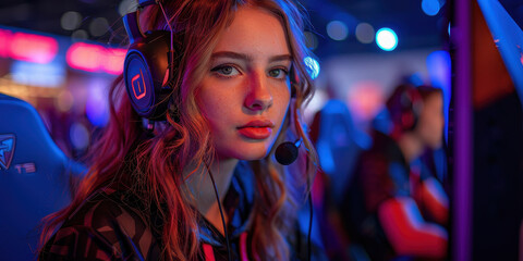 Girl gamer plays e-sports tournament