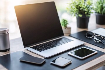 Modern Minimalist Workspace with Laptop, Tablet, and Smartphone