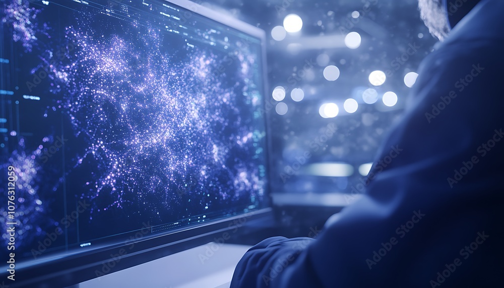 Poster A person analyzes complex data on a screen showing a cosmic or digital network against a blurred background of lights.