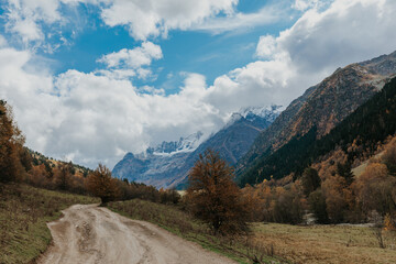 Autumn Mountain Road with Snowy Peaks