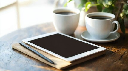 Cozy Coffee Break with Digital Tablet on Rustic Wooden Table Surrounded by Lush Greenery and Warm Morning Light Enhancing Productivity and Relaxation