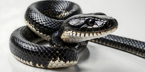 Obraz premium a coiled snake with various unique patterns and types, lying on a white background. Realistic view. created with generative AI